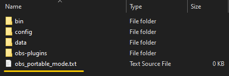 Skjermbilde som viser obs_portable_mode.txt-filen i OBS Studio-mappen